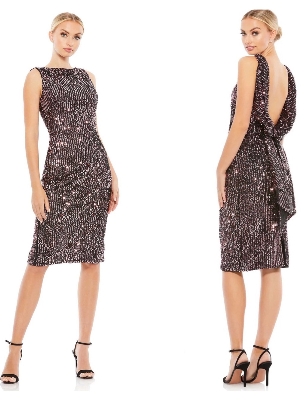 NEW Mac Duggal sequin draped bow-back cocktail evening dress